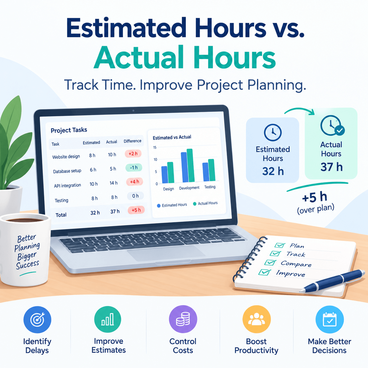 Estimated vs actual hours in project time tracking dashboard comparing planned and actual project hours